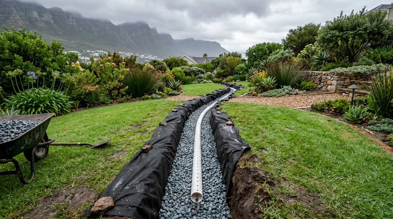 French drain installation trench with gravel and perforated pipe in Cape Town garden