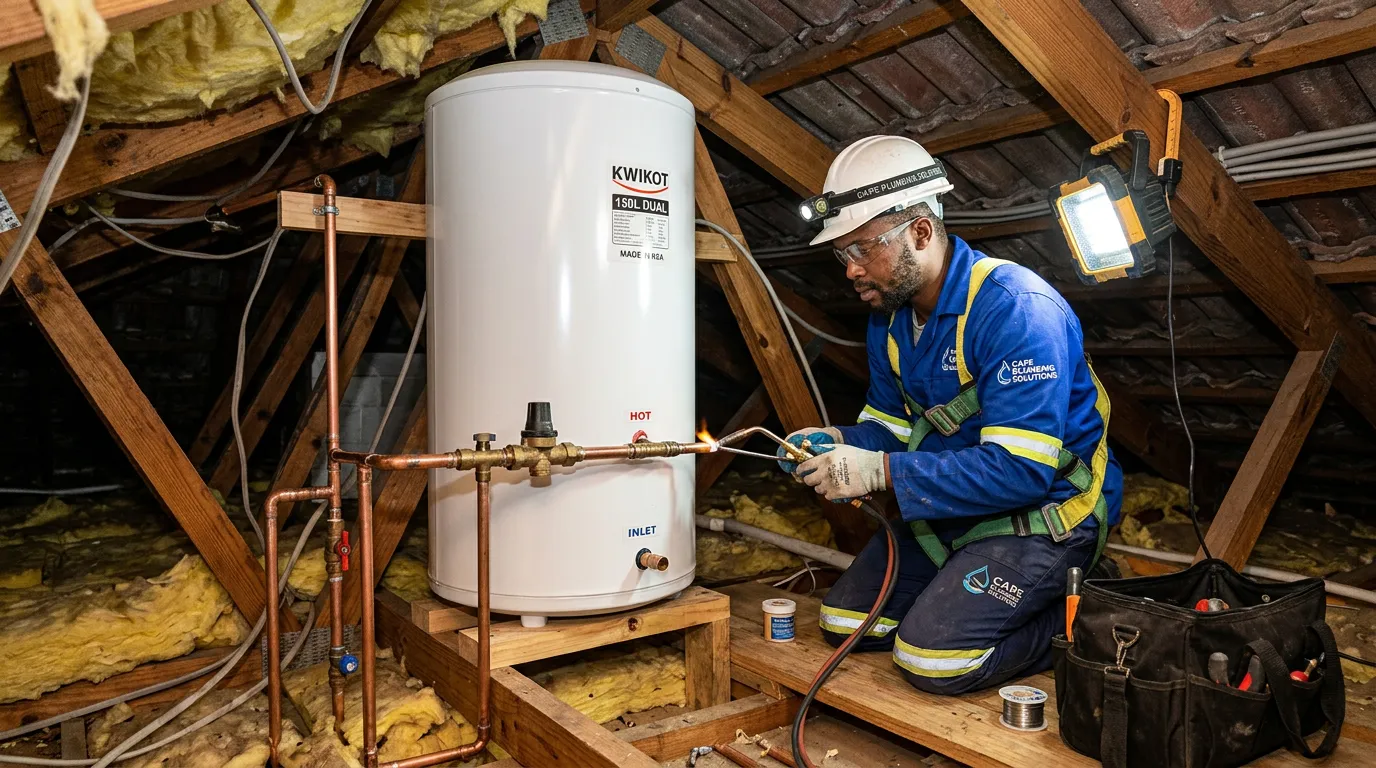 Plumber installing a new geyser in a Western Cape home ceiling space